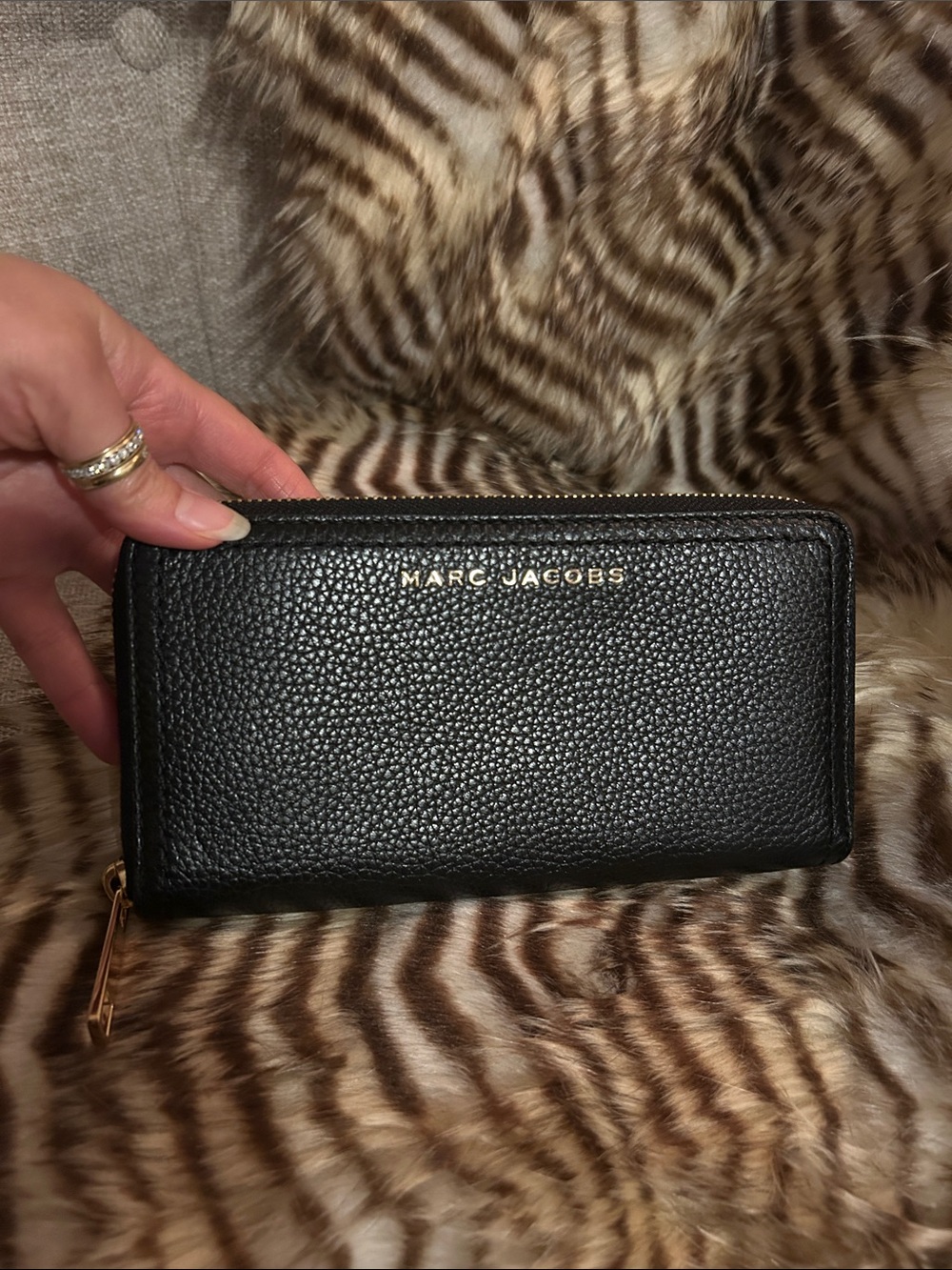 Marc Jacobs Black Pebbled Leather Zip Wallet with Gold Logo